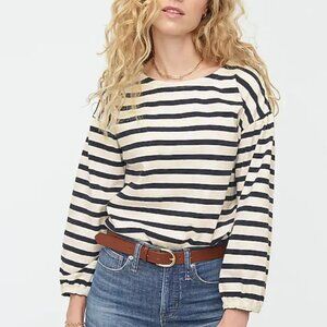 J.CREW Mariner Cloth Puff-Sleeve Top, Black/Sand Stripe, XS